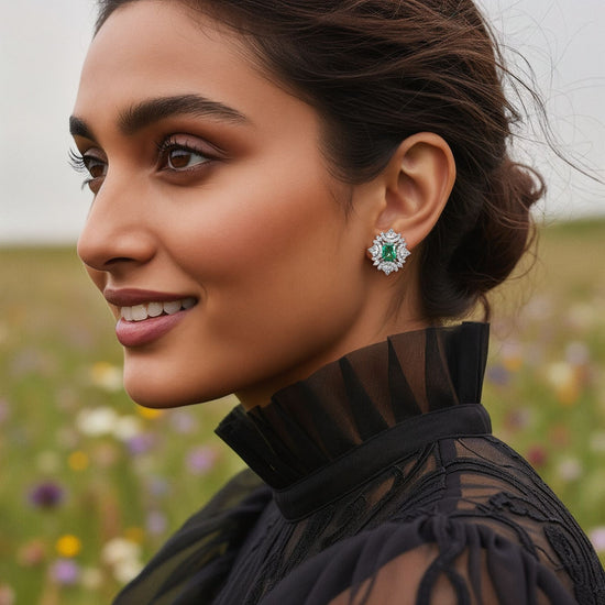 Premium Green Emerald Designer Maharani Earrings with Premium Screw Backs on Pure 925 Silver