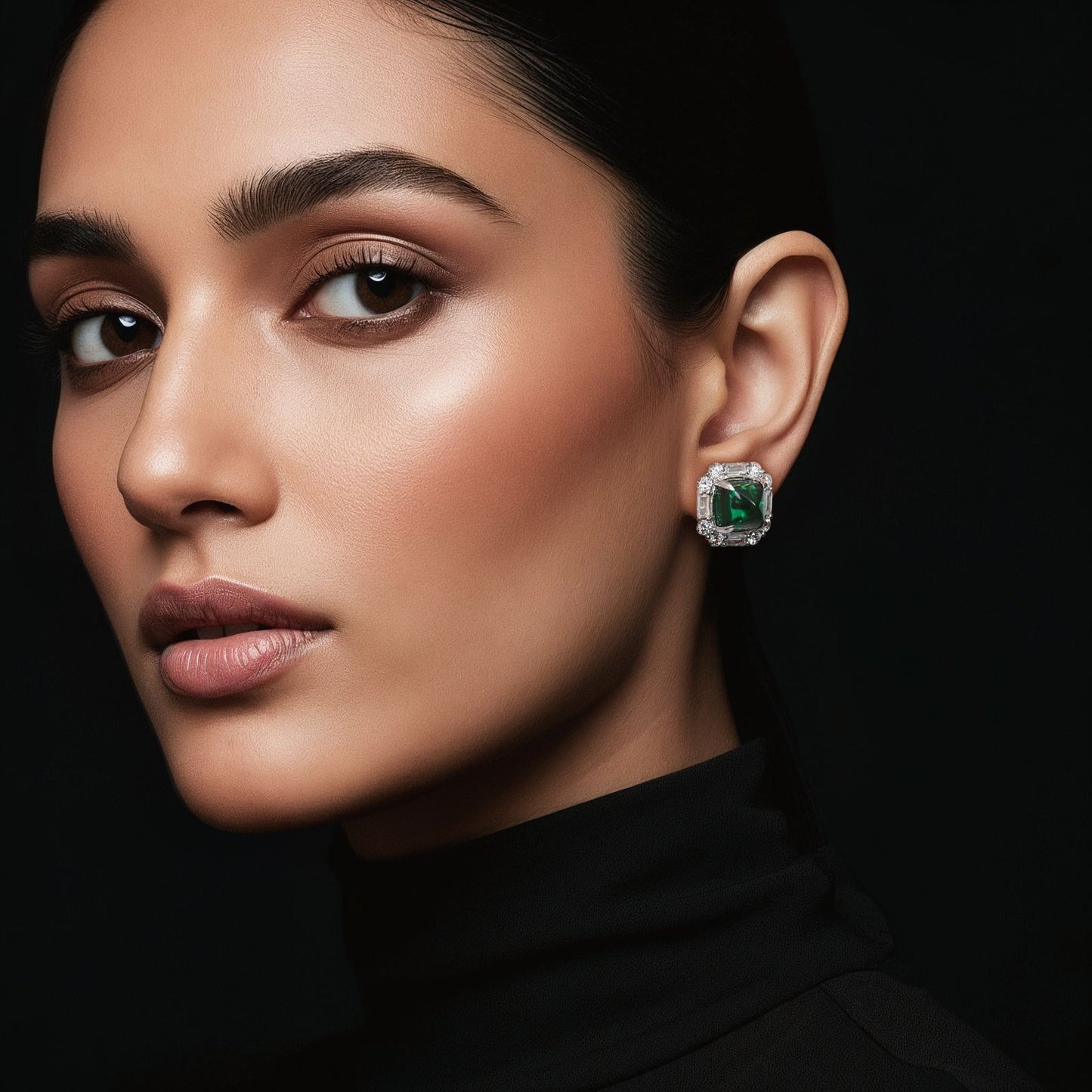 Premium Green Emerald Cabochon Shukra Statement Stud Earrings with Premium Screw Backs on Pure 925 Silver