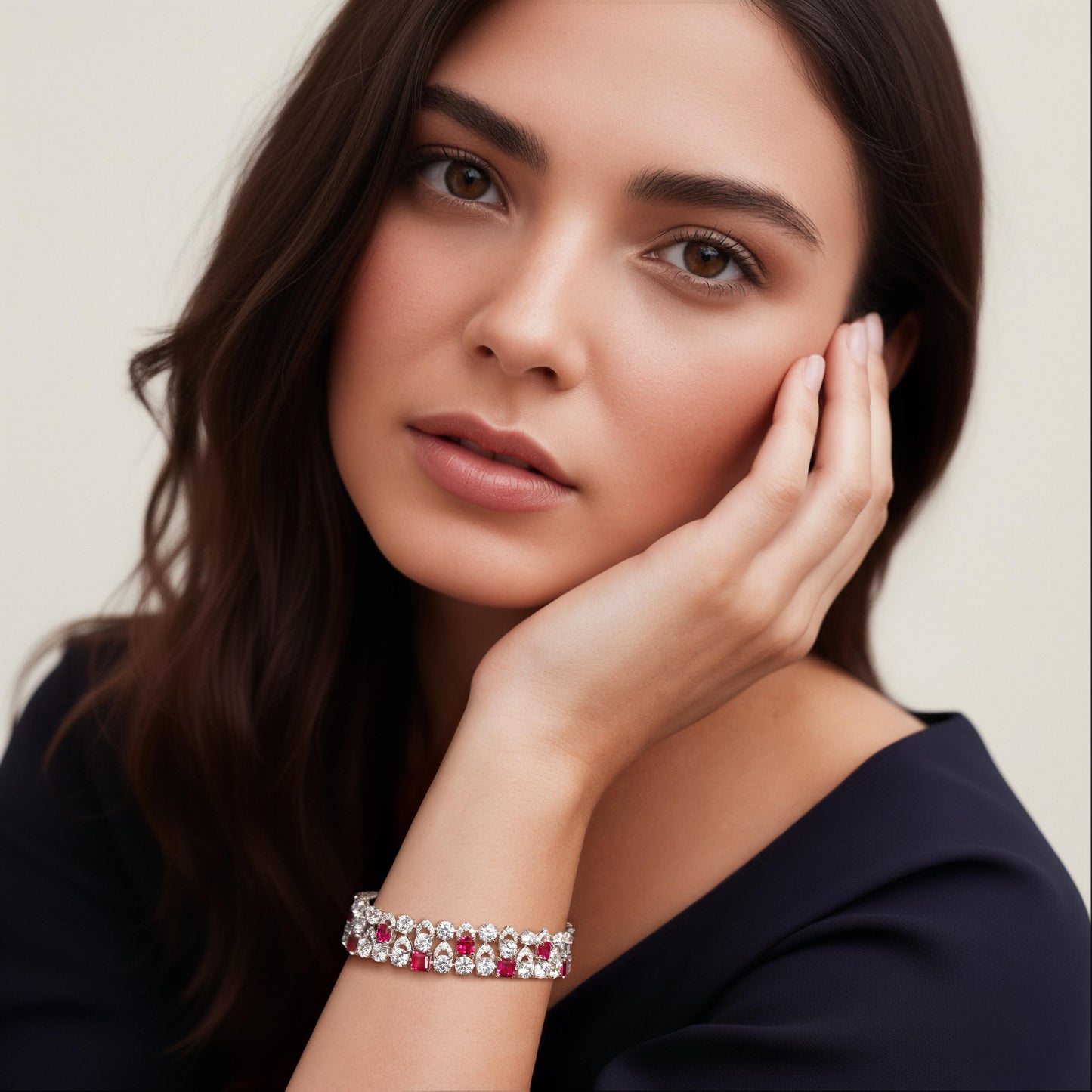 Ultra Premium Chunky Princess Cut Ruby Tennis Bracelet with 50 Pointer Round Cut Solitaires on Pure 925 Silver