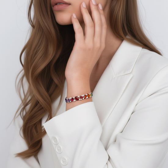 Ultra Premium Rose Gold Finish Oval Cut Solitaire Rainbow Tennis Bracelet on Pure 925 Silver