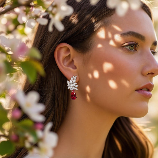 Ultra Premium Drop and Marquise Solitaire Cluster Bunch Danglers with Deep Pink Hydro Ruby on Pure 925 Silver.