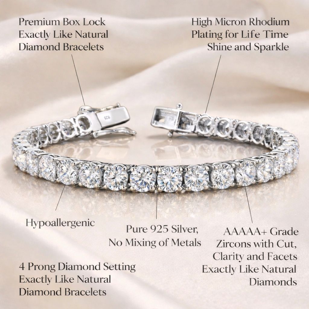 50 Pointer Premium White Gold Finish Classic Solitaire Tennis Bracelet on Pure 925 Silver ( 50 Cents Each Solitaire )