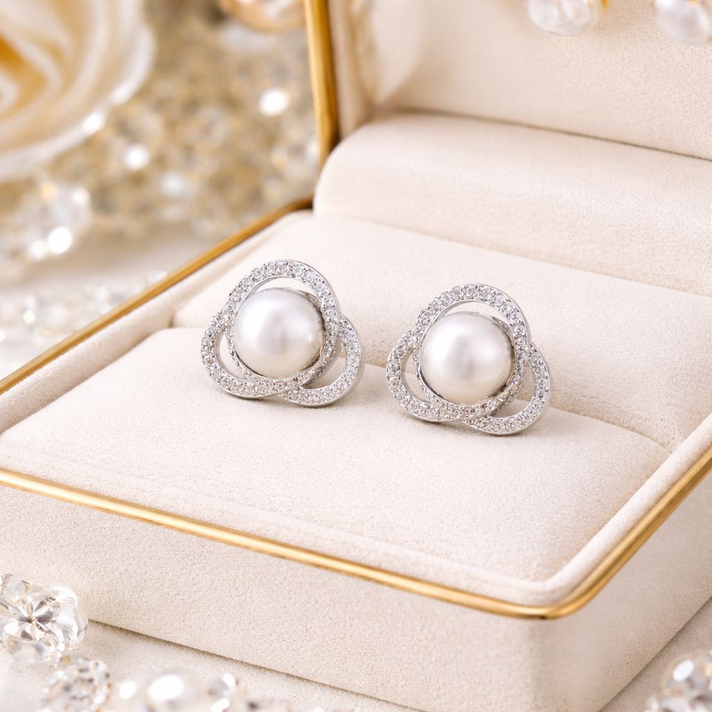 TOJ Everyday - American Diamond Curvy Delna Fresh Water Pearl Studs