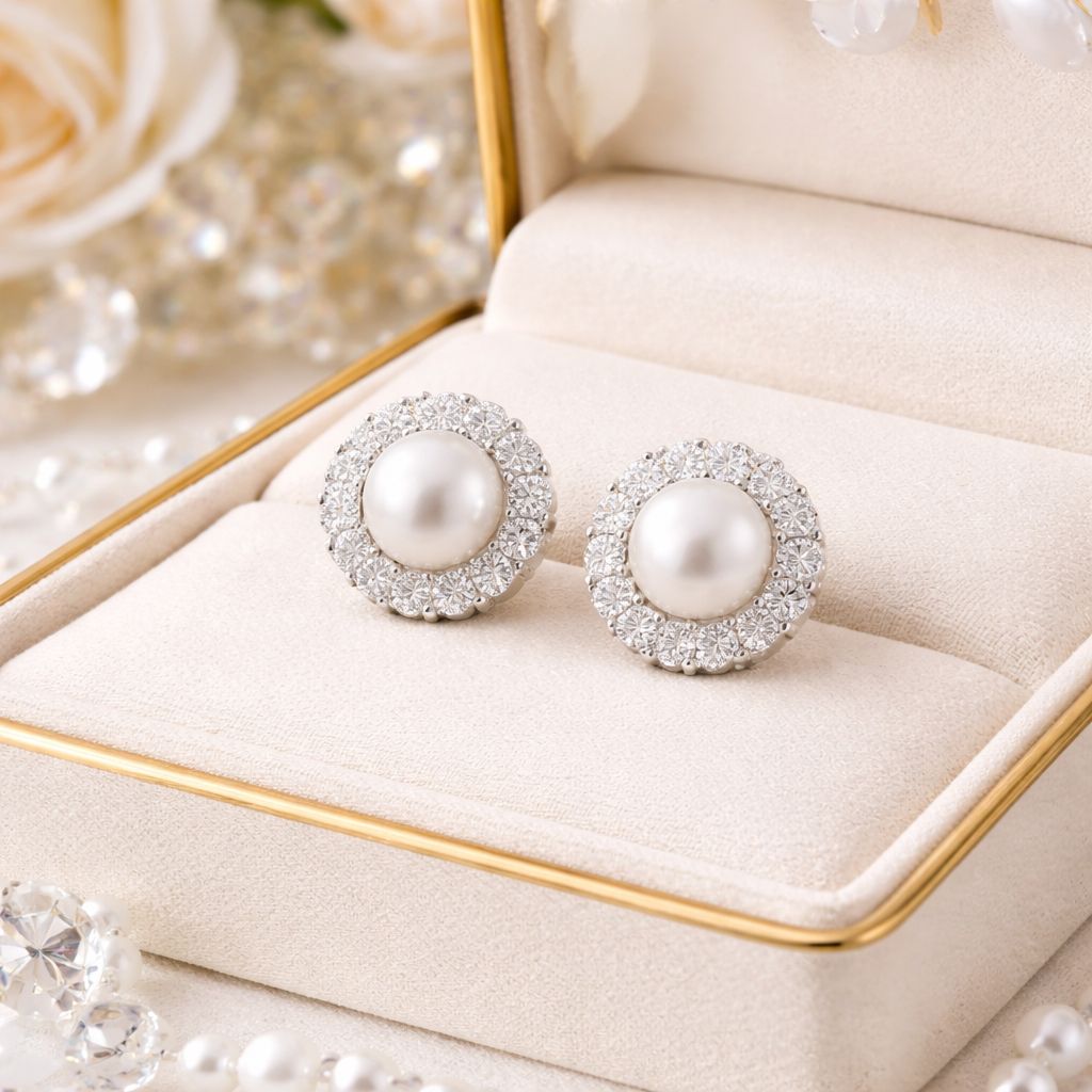 TOJ Everyday - Fresh Water Pearl and American Diamond Classic Pearl Studs