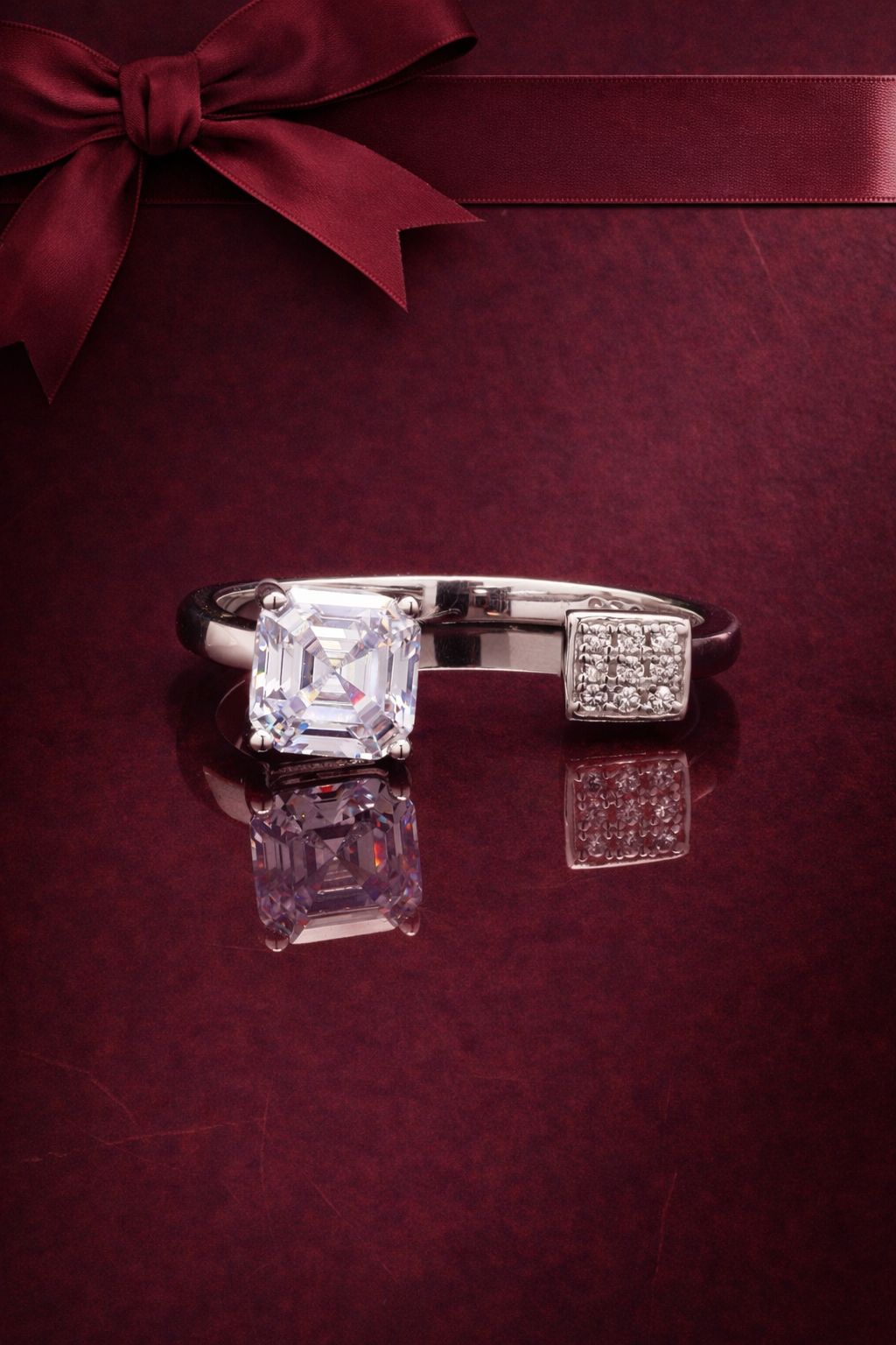 Adjustable Jennifer Ring with Asher Cut Solitaire and Pave Setting Diamonds on Pure 925 Silver