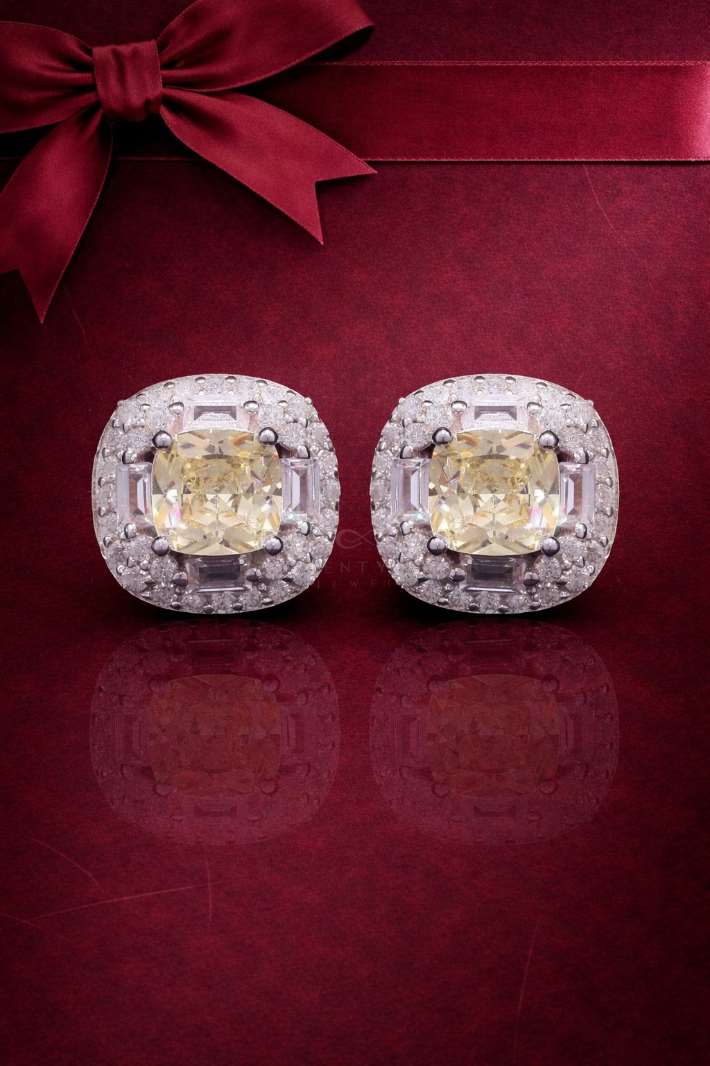 Cushion Cut Yellow Diamond Vallery Studs on Pure 925 Silver