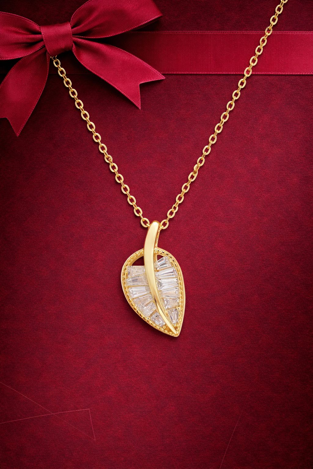 Golden Diamond Studded Leaf Pendant with Chain on Pure 925 Silver