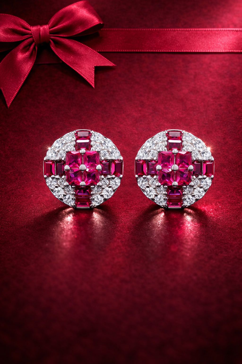 Diamond Studded With Ruby Baguette Clovia Studs On 925 Siver