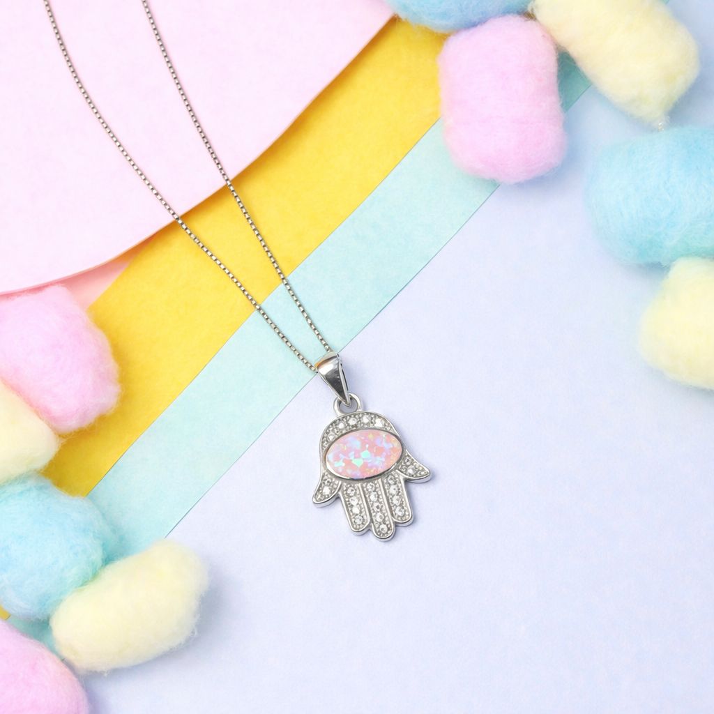 Kids Hamza Hand Pure 925 Silver Pendant With Chain- Pink Opal