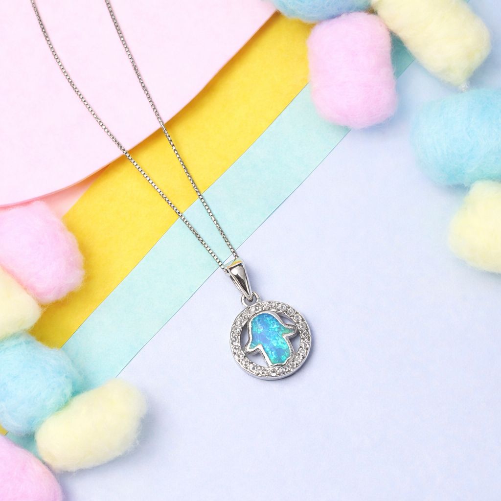 Kids Blue Hamza in a Ring Pure 925 Silver Pendant with Chain.