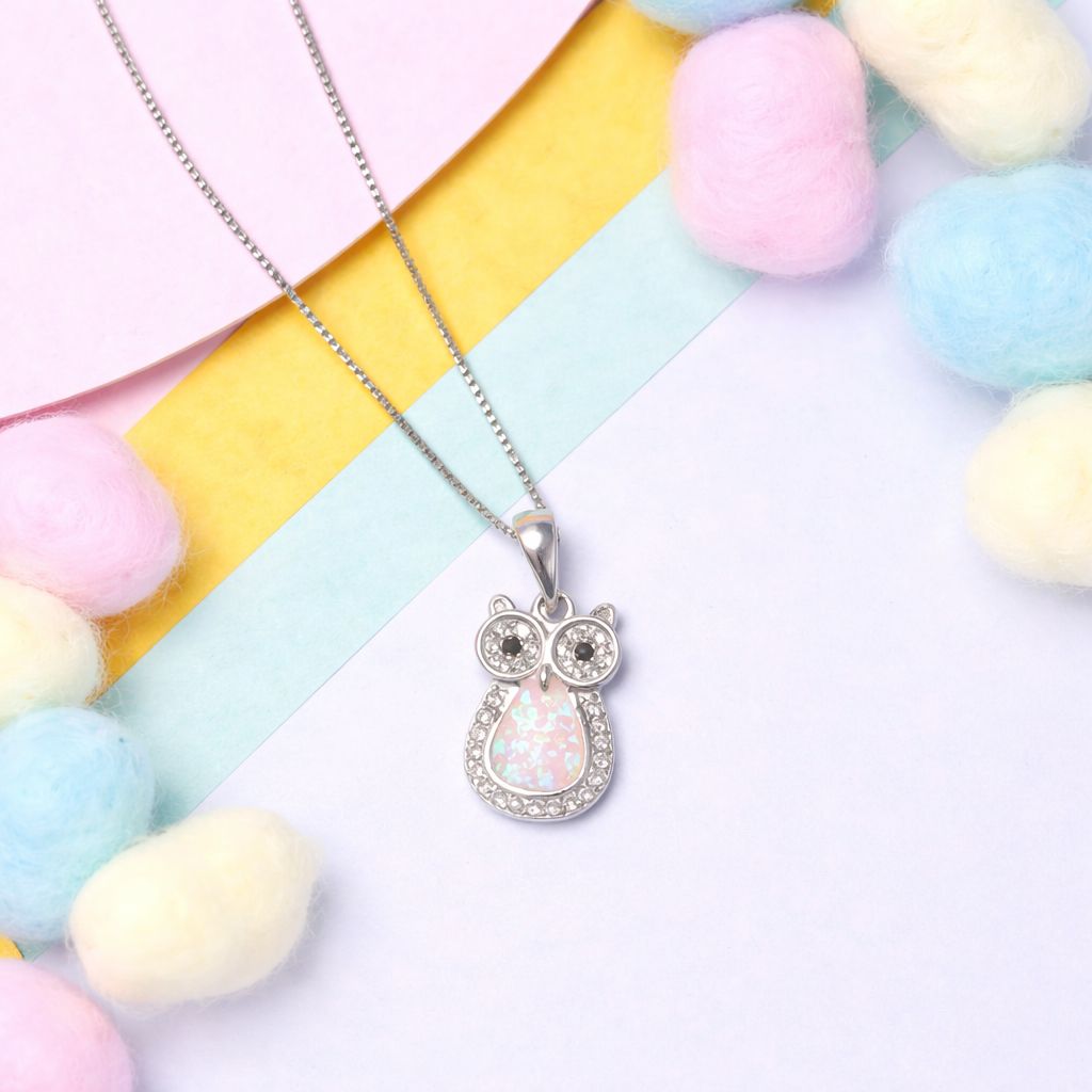 Kids Pink Owl Pendant with Chain on Pure 925 Silver
