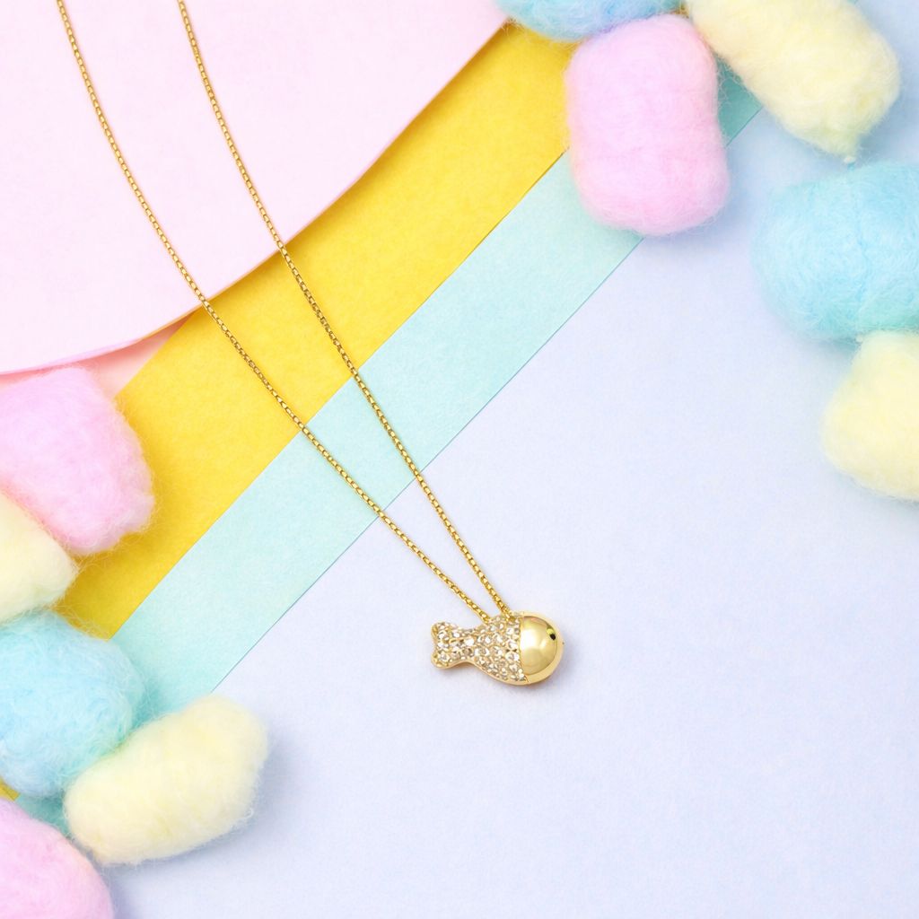 Solid Gold Finish Kids Diamond Fish Pendant with Chain on Pure 925 Silver