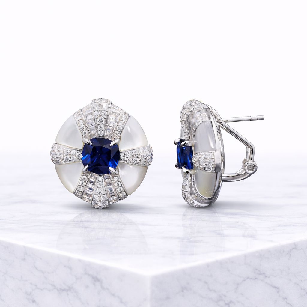Ultra Premium Mother of Pearl Italian Setting Blue Sapphire Statement Stud Earrings on Pure 925 Silver