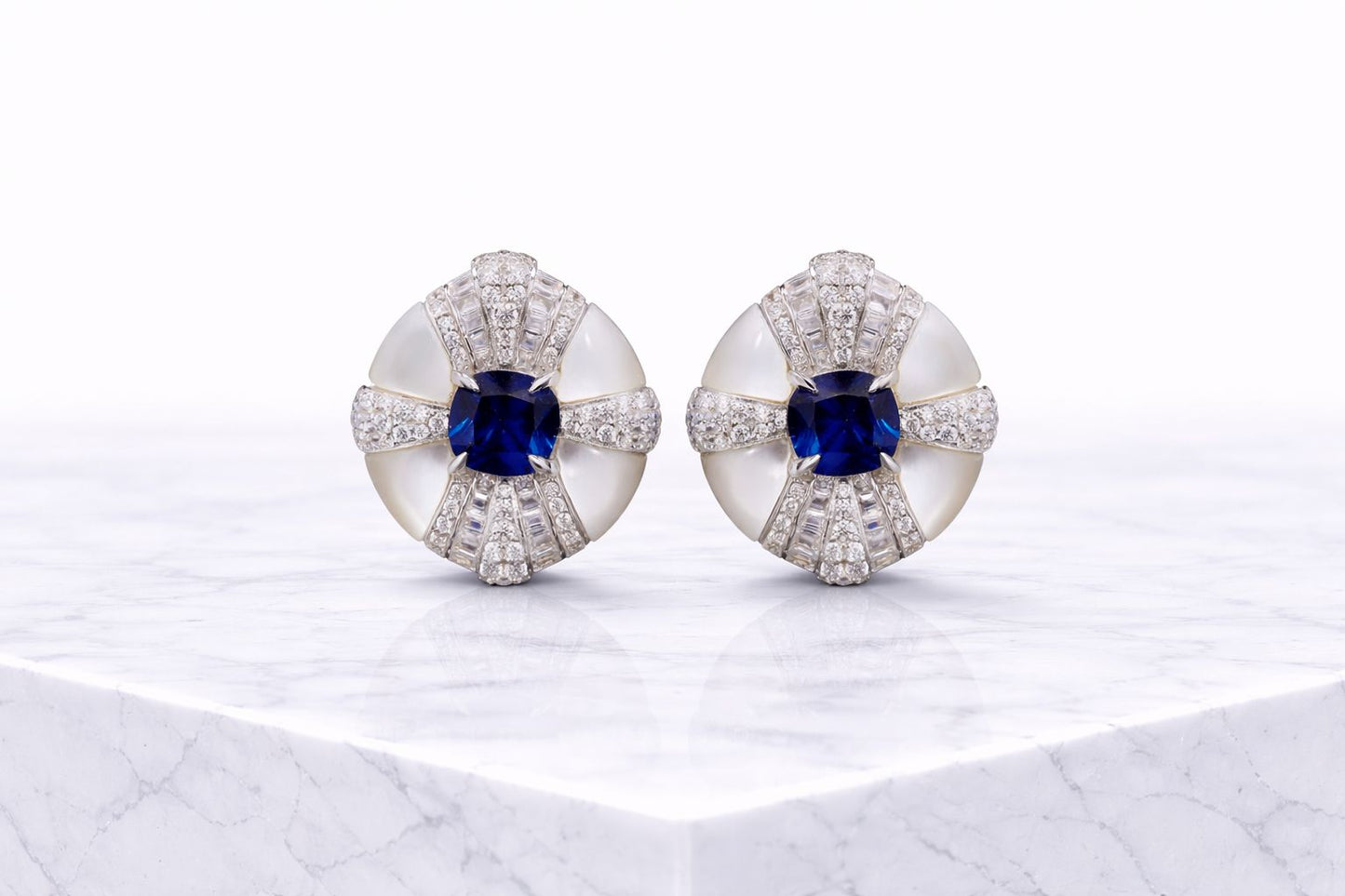 Ultra Premium Mother of Pearl Italian Setting Blue Sapphire Statement Stud Earrings on Pure 925 Silver