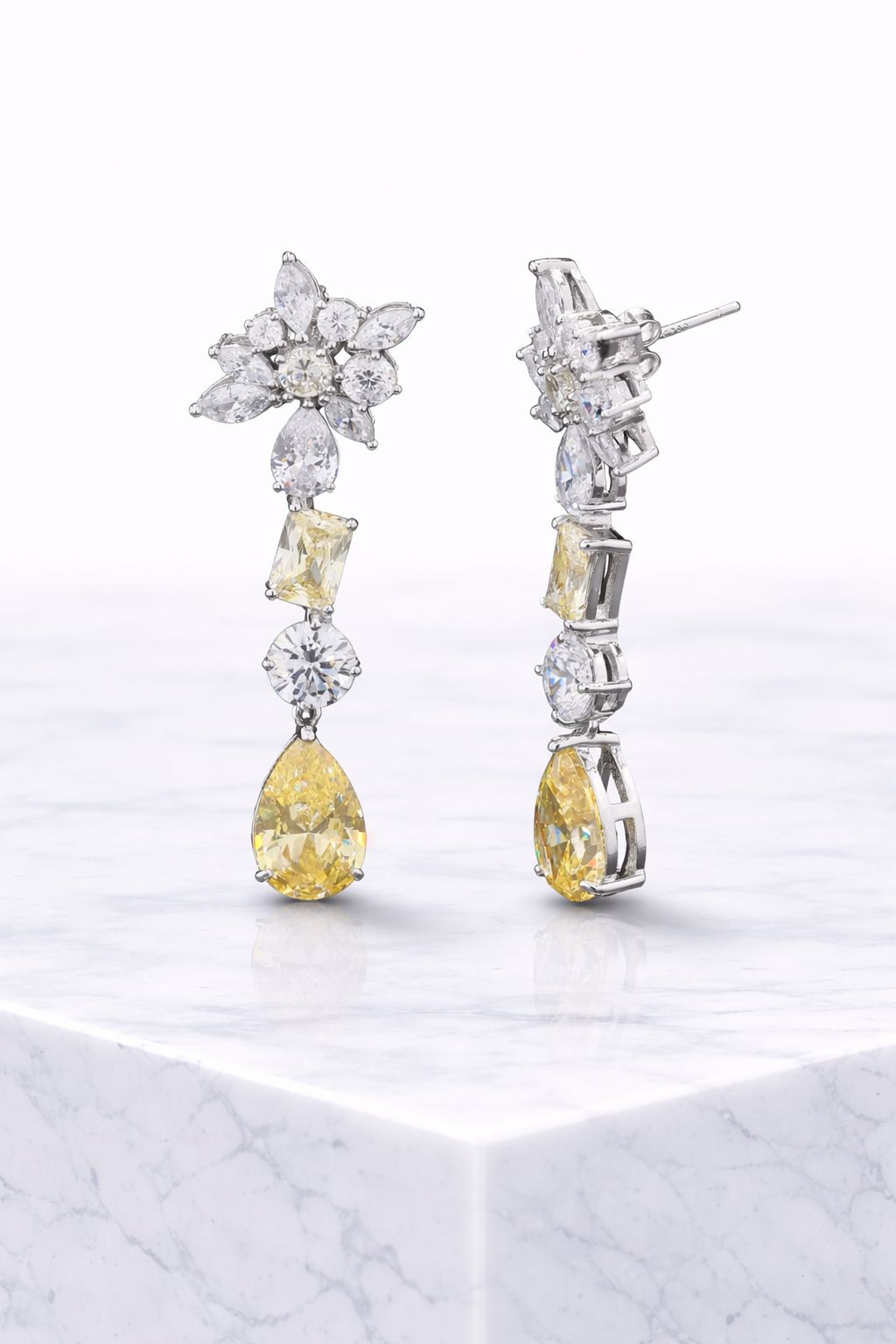Ultra Premium Multi Shape Yellow and White Diamond Solitaire Dangler Earrings on Pure 925 Silver