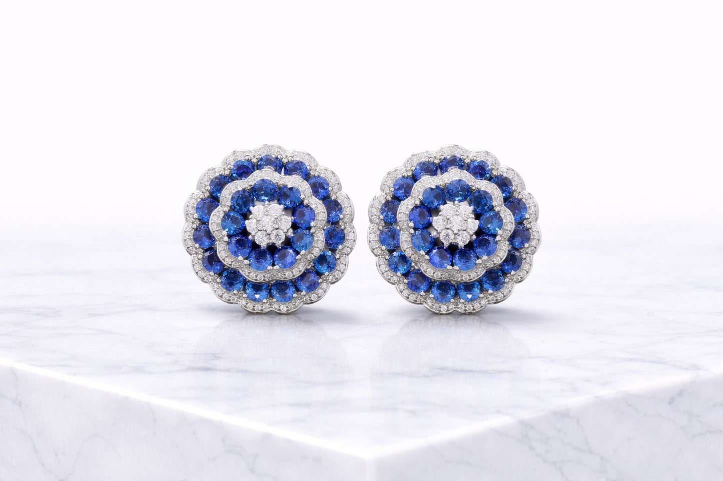 Ultra Premium Blue Sapphire Layered Floral Tressy Earrings on Pure 925 Silver