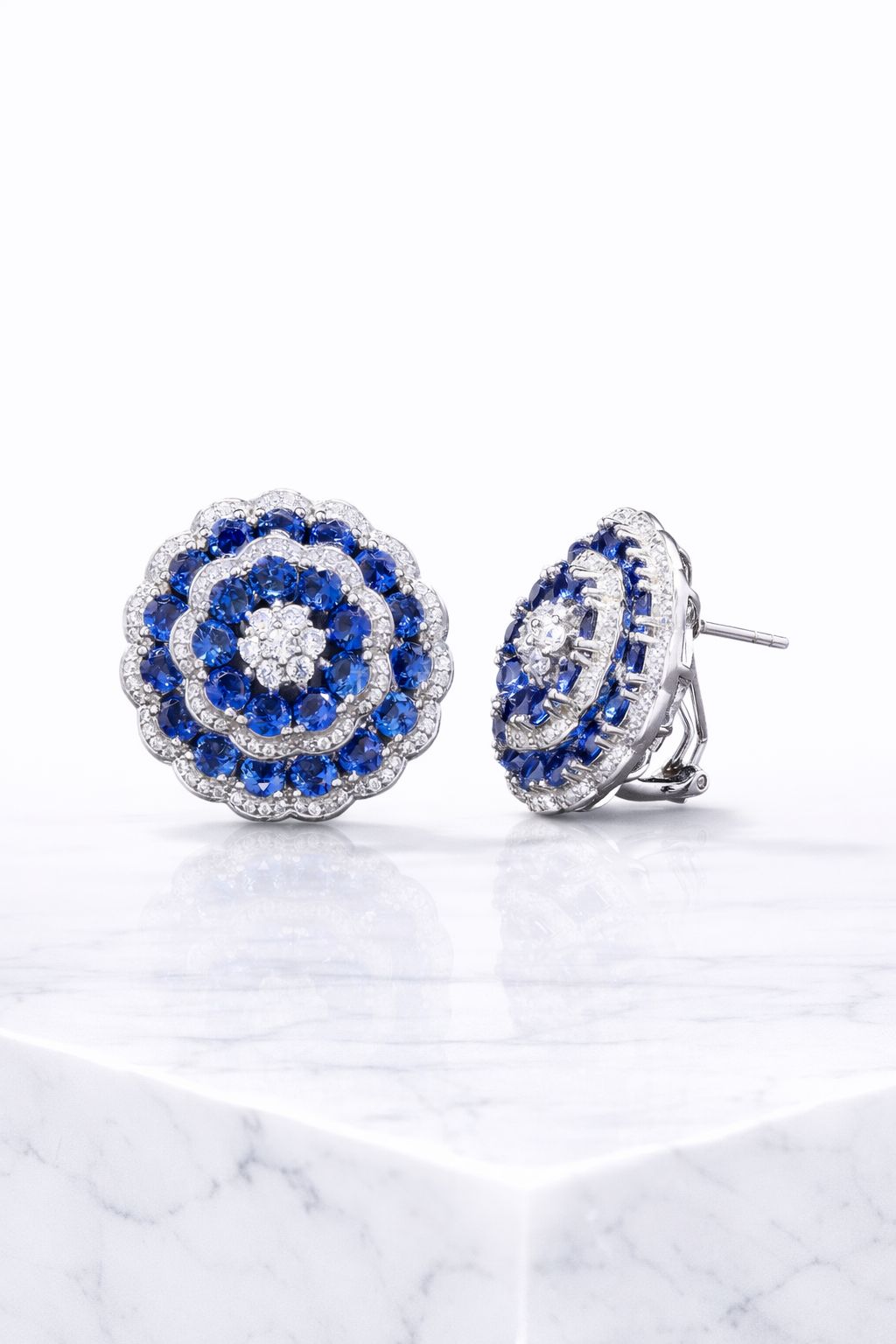 Ultra Premium Blue Sapphire Layered Floral Tressy Earrings on Pure 925 Silver