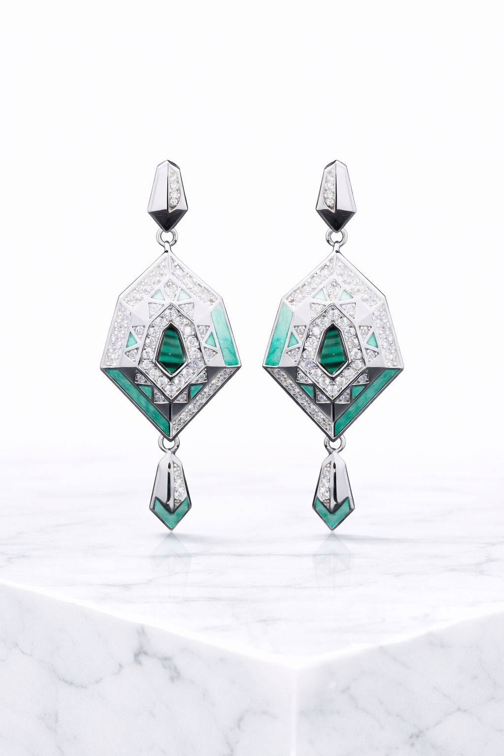 Ultra Premium Malachite and Turquoise Natural Enamel American Diamond Party Earrings on Pure 925 Silver