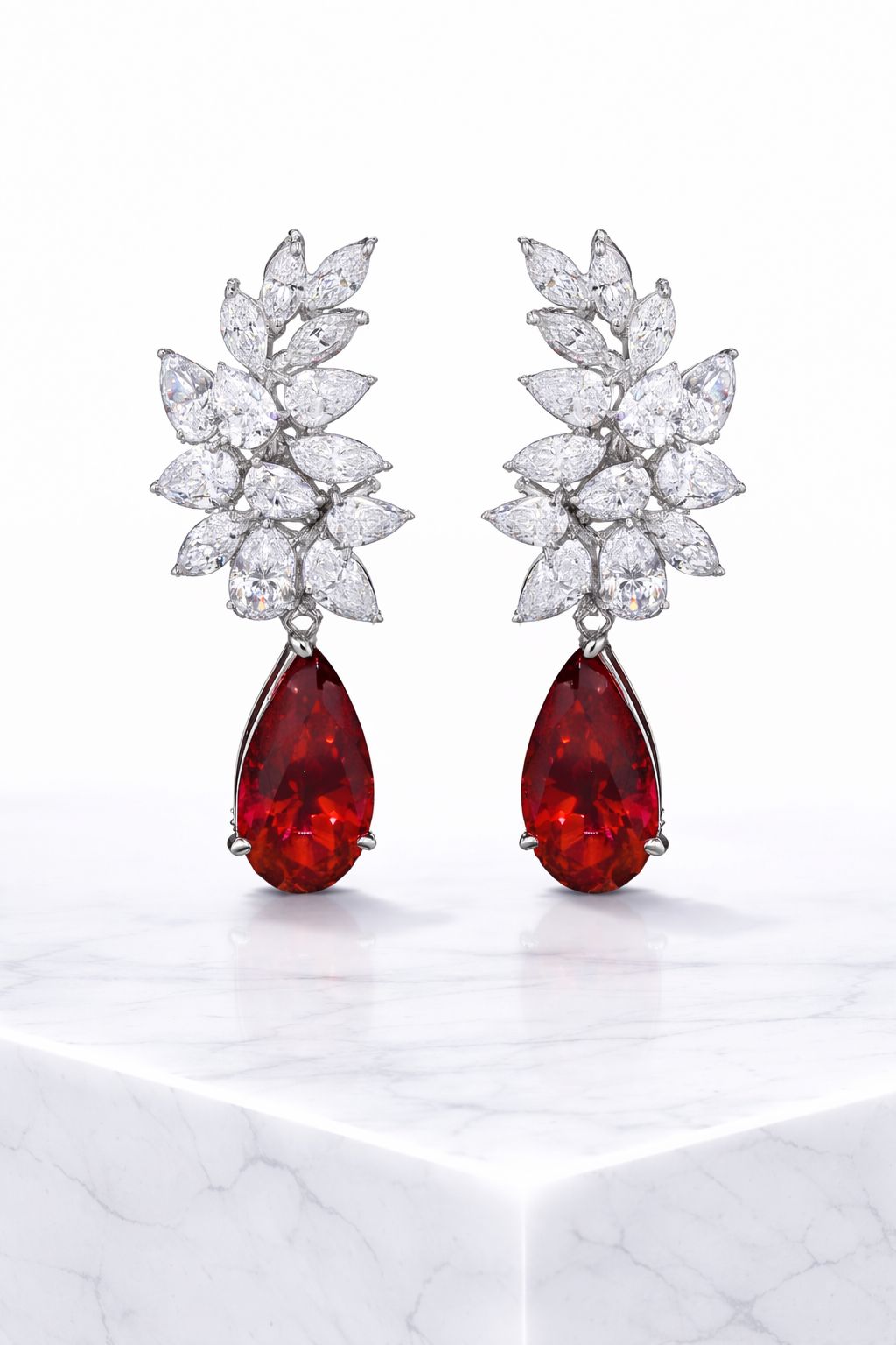 Ultra Premium Drop and Marquise Solitaire Cluster Bunch Danglers with Deep Pink Hydro Ruby on Pure 925 Silver.