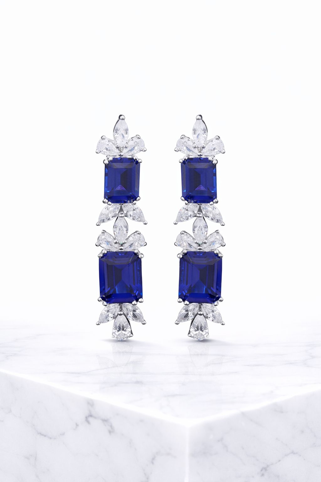 Ultra Premium Blue Sapphire Dangler Earrings with Marquise and Drop Solitaires on Pure 925 Silver