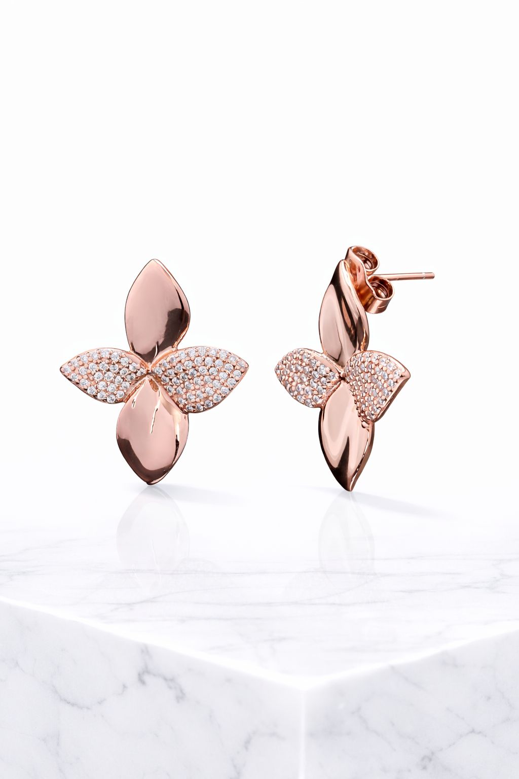 Ultra Premium Rose Gold Finish American Diamond Studded Quirky Flower Stud Earrings on Pure 925 Silver
