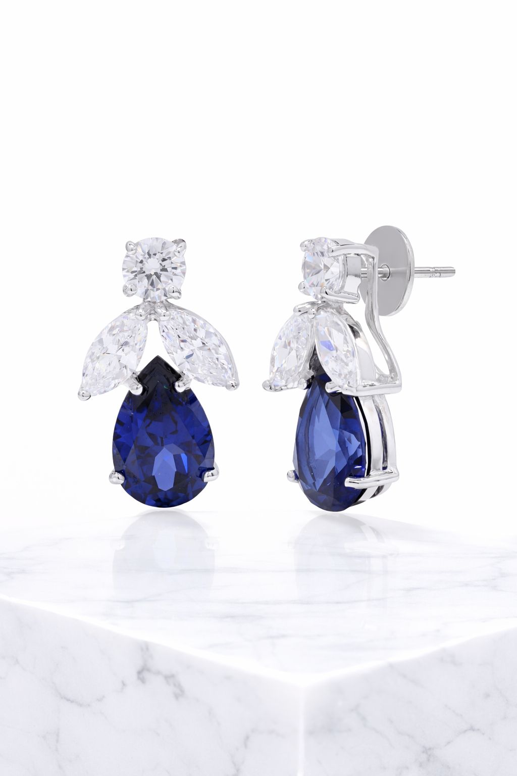 Ultra Premium Blue Sapphire Tory Earrings with Round Cut and Marquise Solitaires on Pure 925 Silver