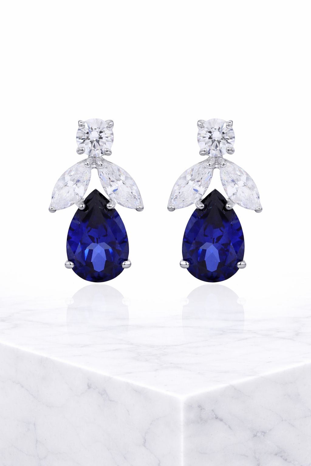 Ultra Premium Blue Sapphire Tory Earrings with Round Cut and Marquise Solitaires on Pure 925 Silver