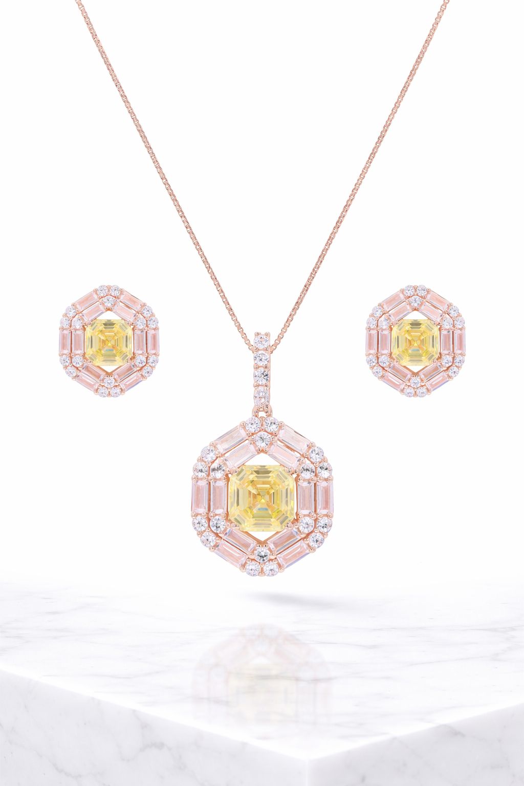 Rose Gold Finish Double Baguette Cluster Bravia Pendant Set with Yellow Asscher Cut Diamond on Pure 925 Silver