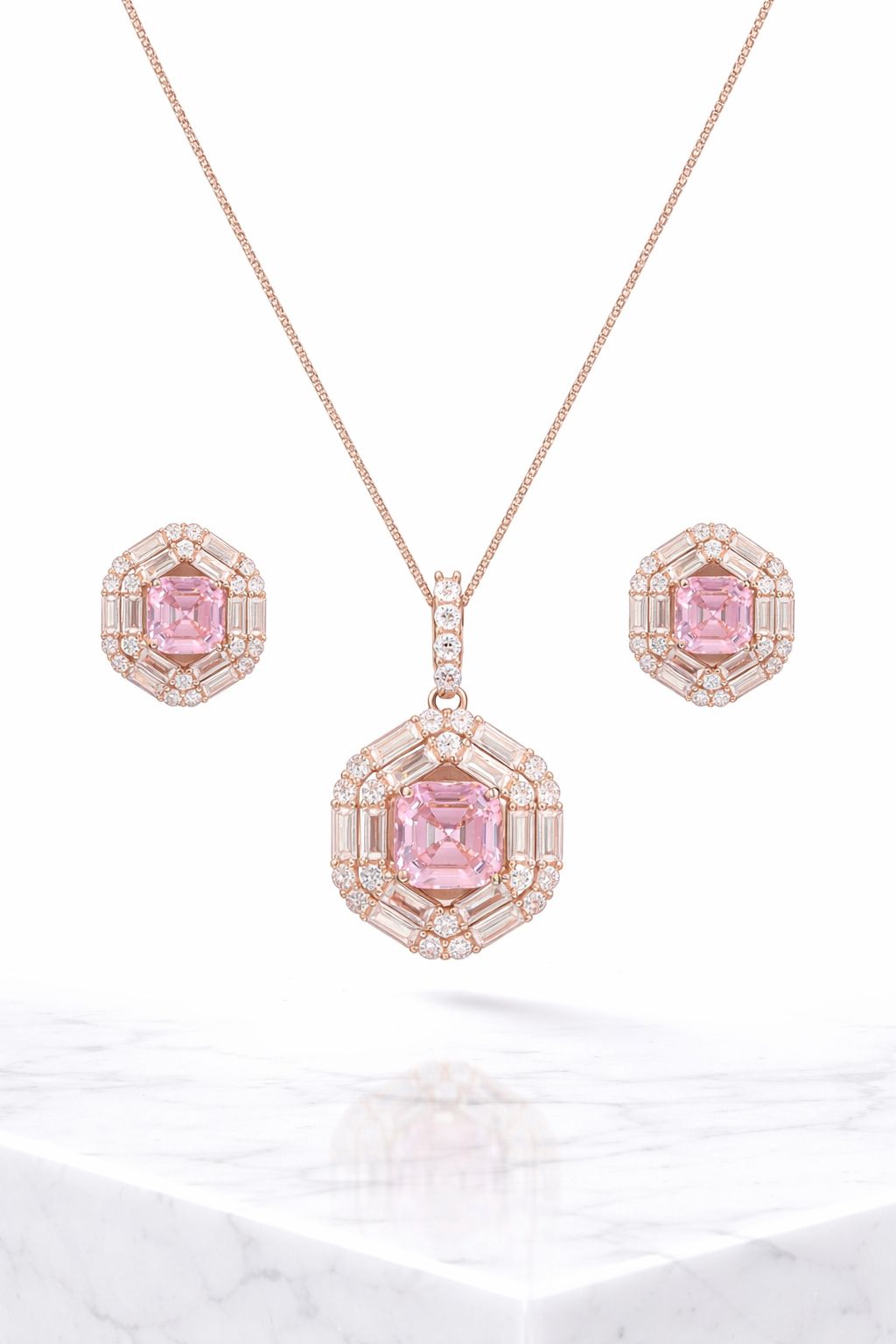 Rose Gold Finish Double Baguette Cluster Bravia Pendant Set with Pink Asscher Cut Diamond on Pure 925 Silver
