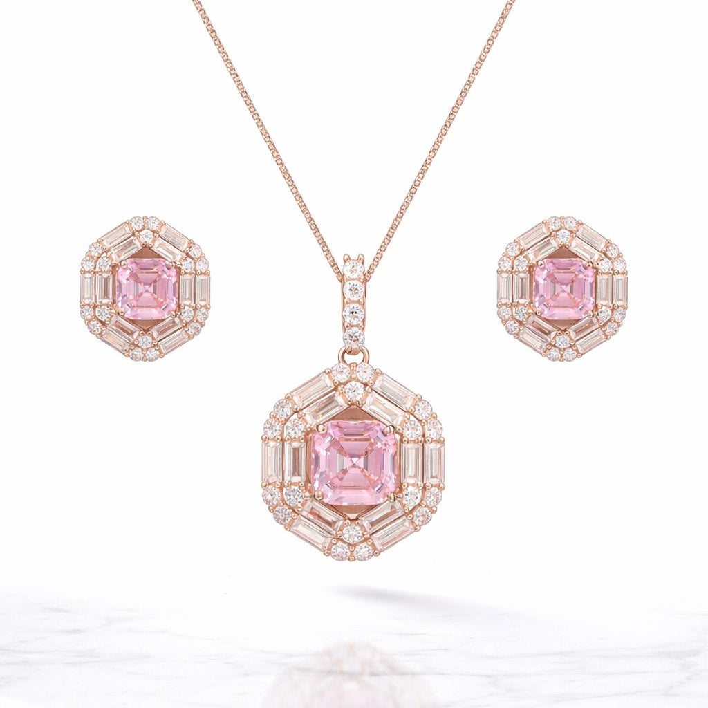 Rose Gold Finish Double Baguette Cluster Bravia Pendant Set with Pink Asscher Cut Diamond on Pure 925 Silver