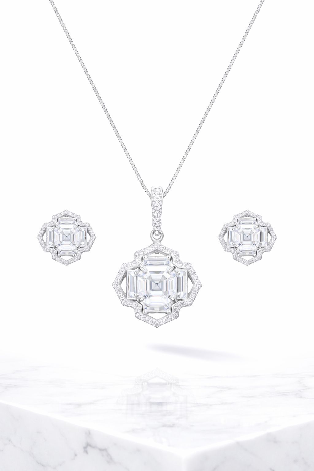 Ultra Premium Trance Asscher Cut Solitaire Pendant Set on Pure 925 Silver