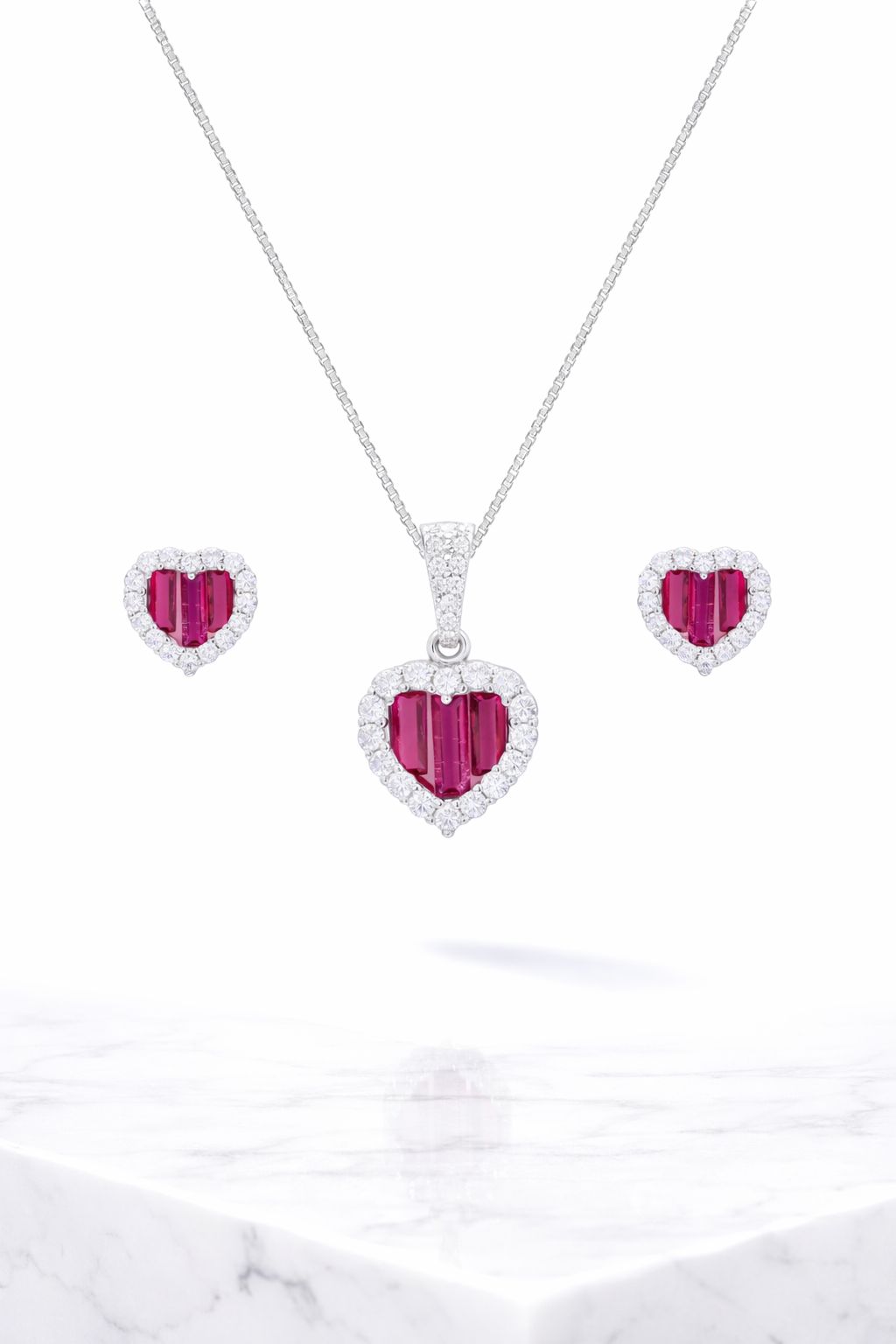 Premium Ruby Baguette Alina Heart Pendant Set with Diamond Cluster on Pure 925 Silver