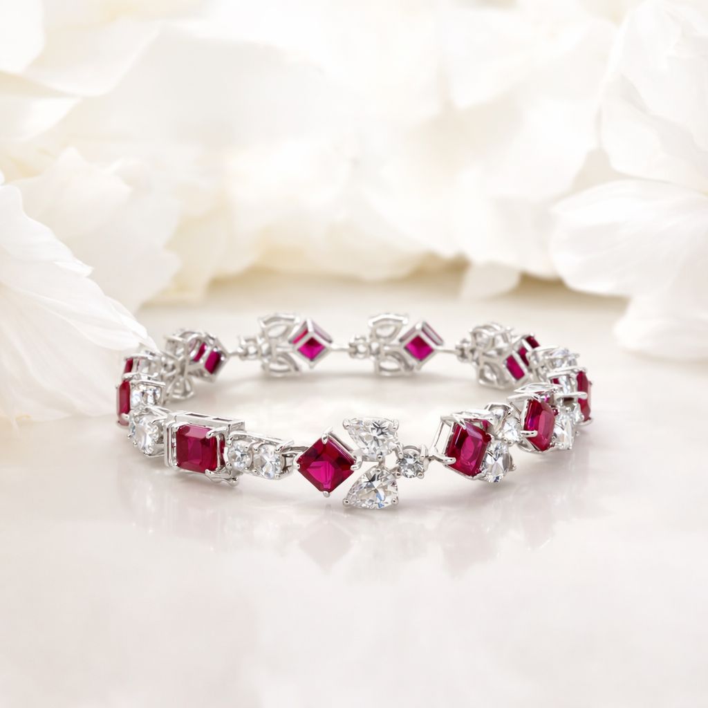 Ultra Premium Ruby Ice Cut Multi Solitaire Tennis Bracelet on Pure 925 Silver with Box Lock and Double Side Rhodium Plating