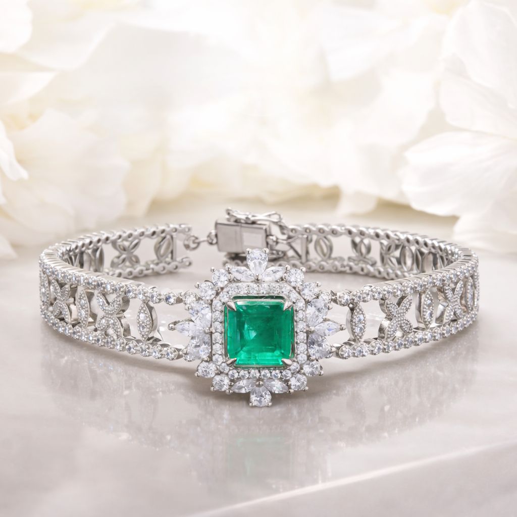 Premium Green Emerald and Diamond Nilofer Bracelet on Pure 925 Silver