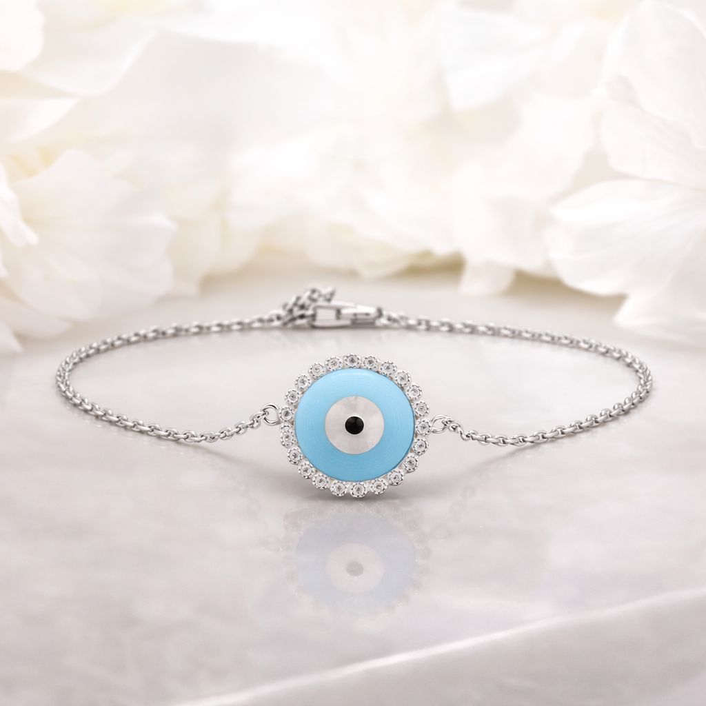 Twenty One Jewels Pure 925 Silver Evil Eye Brother Bhabhi Rakhi Bracelet Combo Set