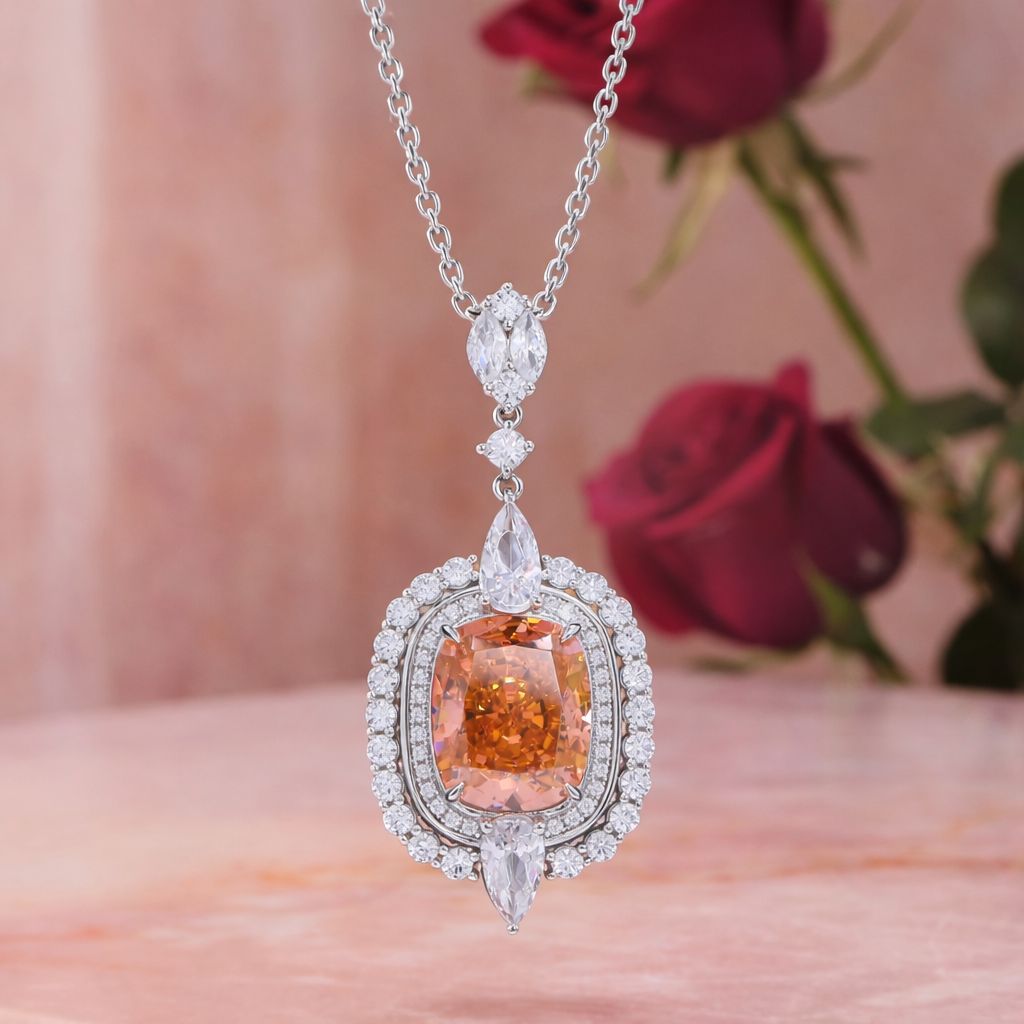 Ultra Premium Orange Citrine and American Diamond Studded Chunky Finesse Pendant with Chain on Pure 925 Silver