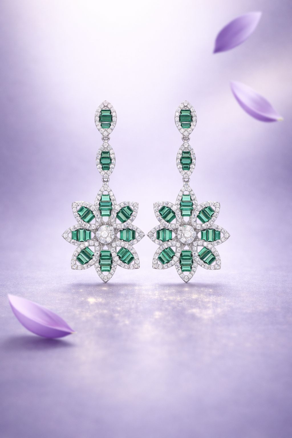 American Diamond Studded Green Emerald Baguette Aliyah Long Earrings on Pure 925 Silver.