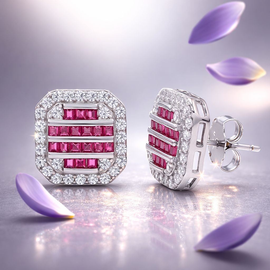 American Diamond With Ruby Baguette Amira Stud on Pure 925 Silver
