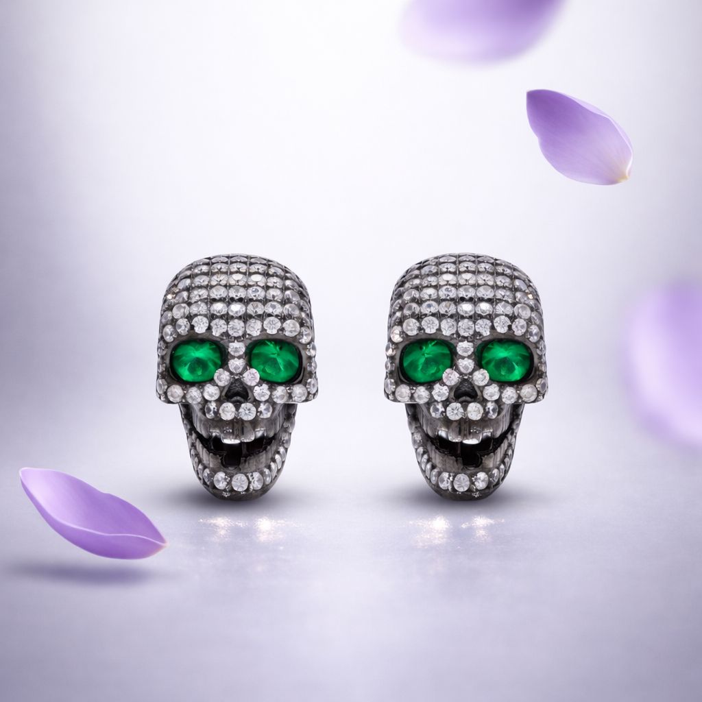 American Diamond Studded Green Emerald Skull Studs on Pure 925 Silver
