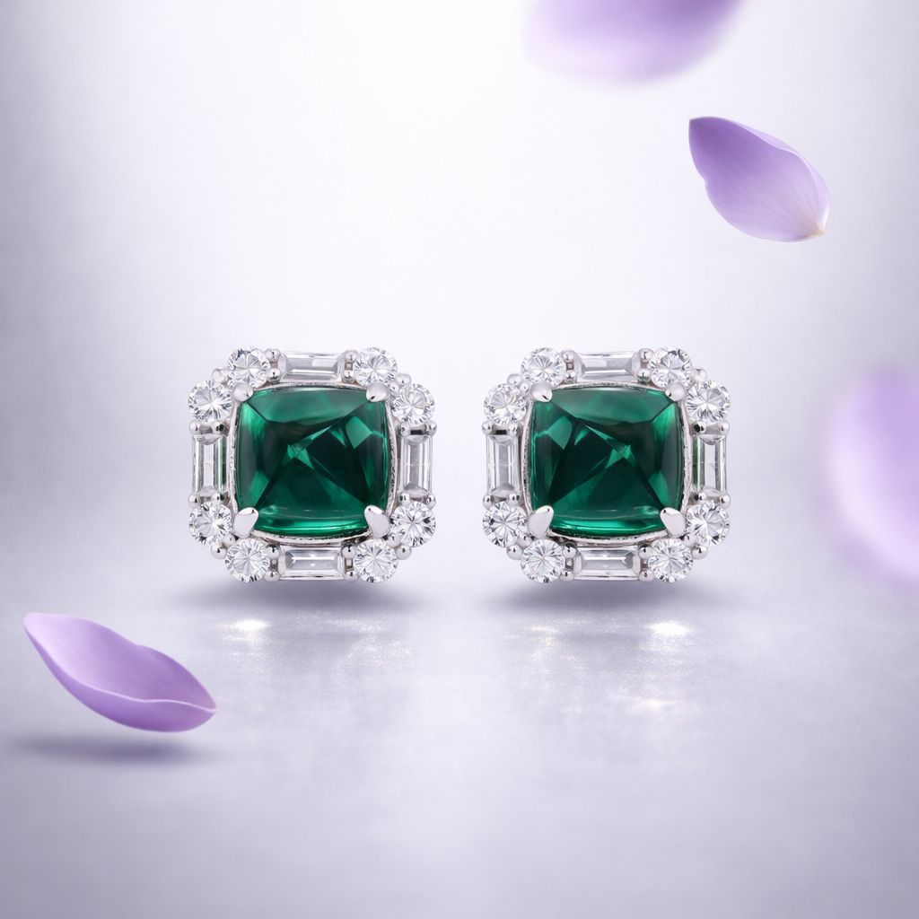 Premium Green Emerald Cabochon Shukra Statement Stud Earrings with Premium Screw Backs on Pure 925 Silver