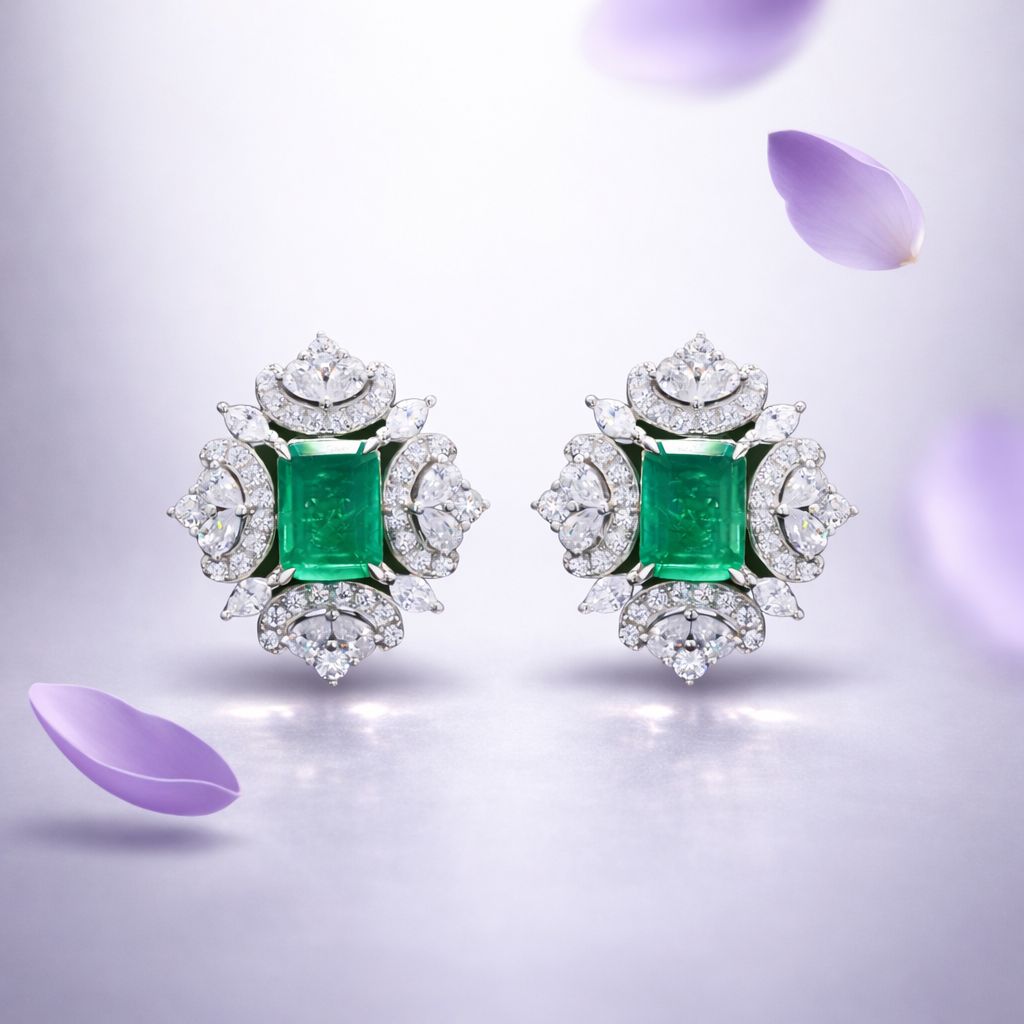 Premium Green Emerald Designer Maharani Earrings with Premium Screw Backs on Pure 925 Silver