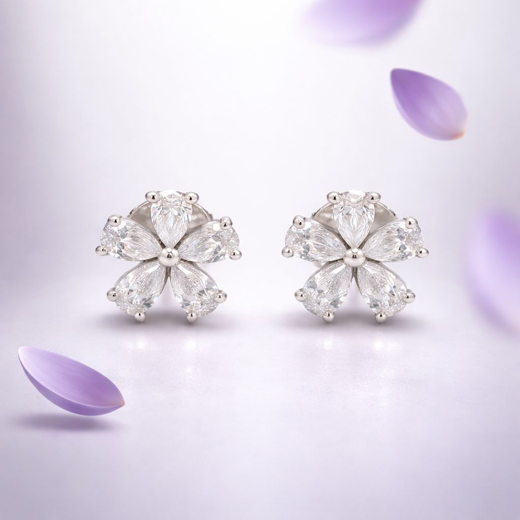 Drop Solitaire Premium Floral Alizeh Studs with Premium Screw Backs on Pure 925 Silver