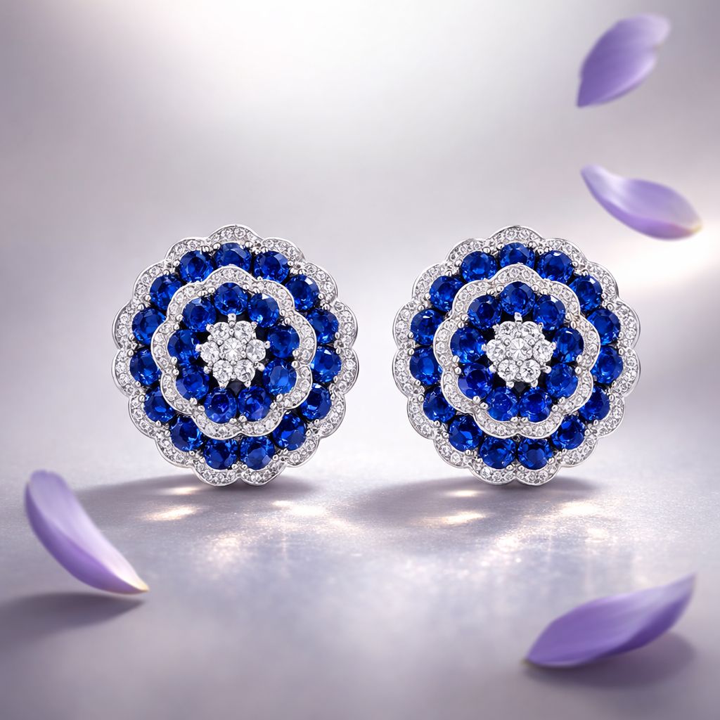 Ultra Premium Blue Sapphire Layered Floral Tressy Earrings on Pure 925 Silver