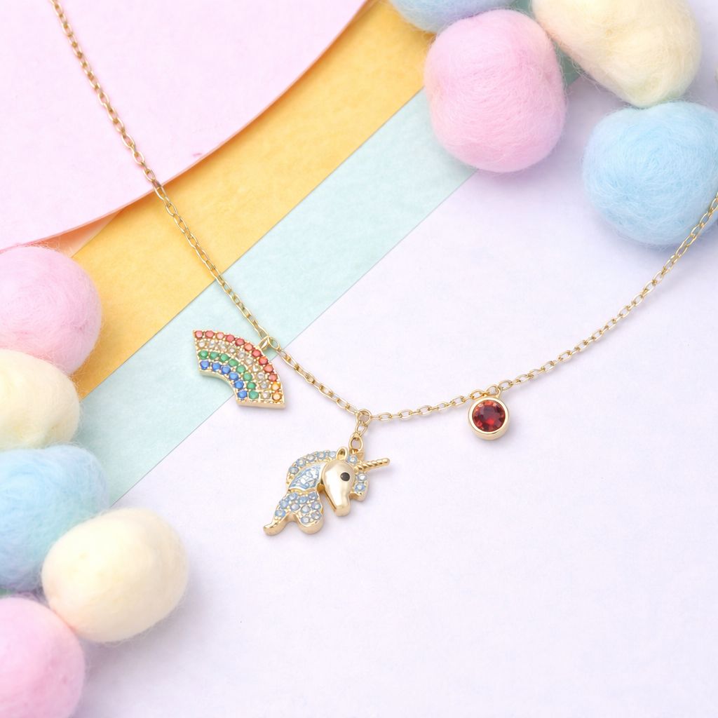 Gold Finish Rainbow and Unicorn Kids Pendant with Chain On Pure 925 Silver