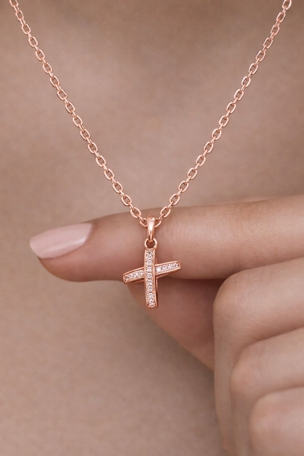 Rose Gold American Diamond Studded Cross Pendant with Chain on Pure 925 Silver.