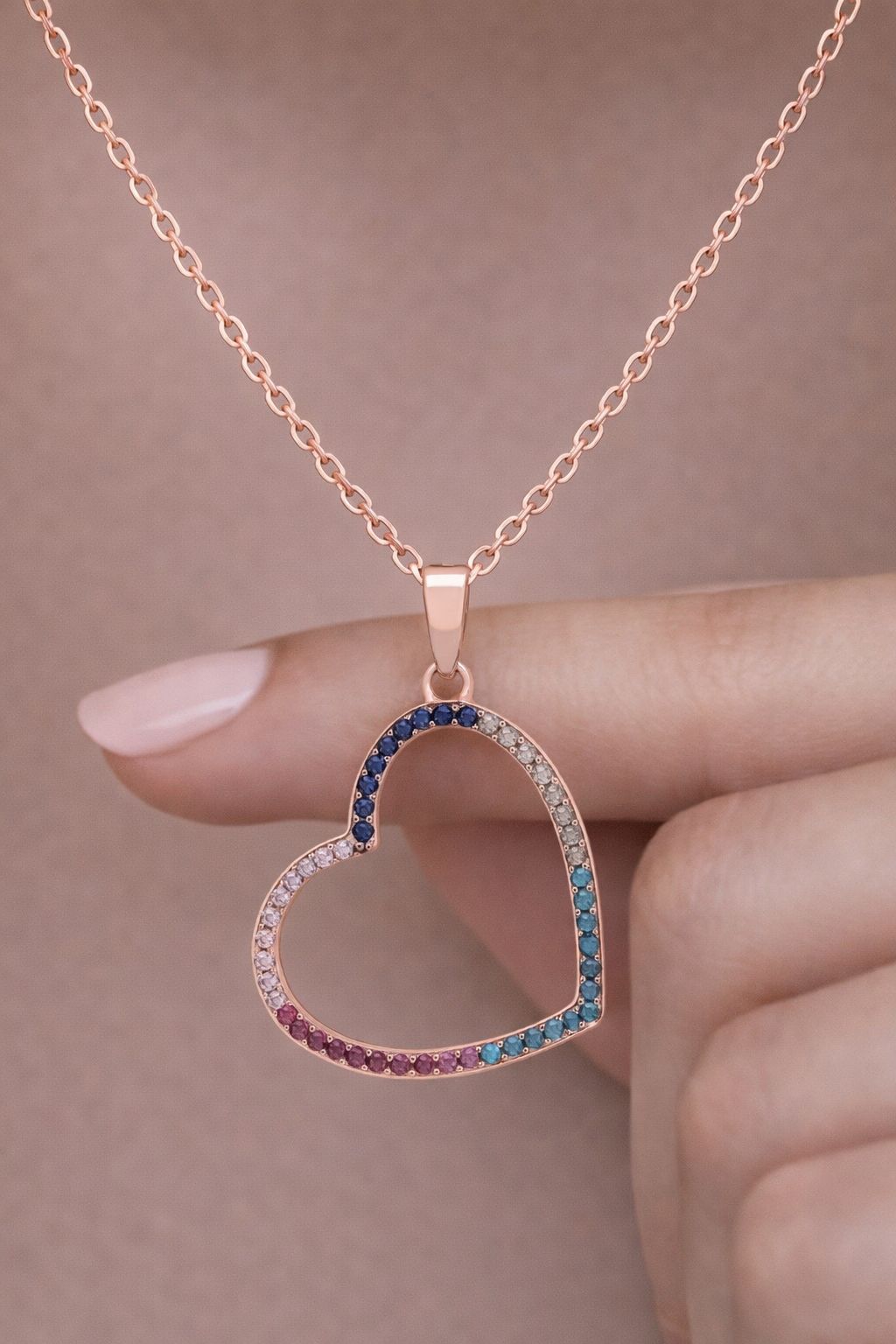 Multicoloured Big Heart Rose Gold Charlee Pendant on pure 925 Silver