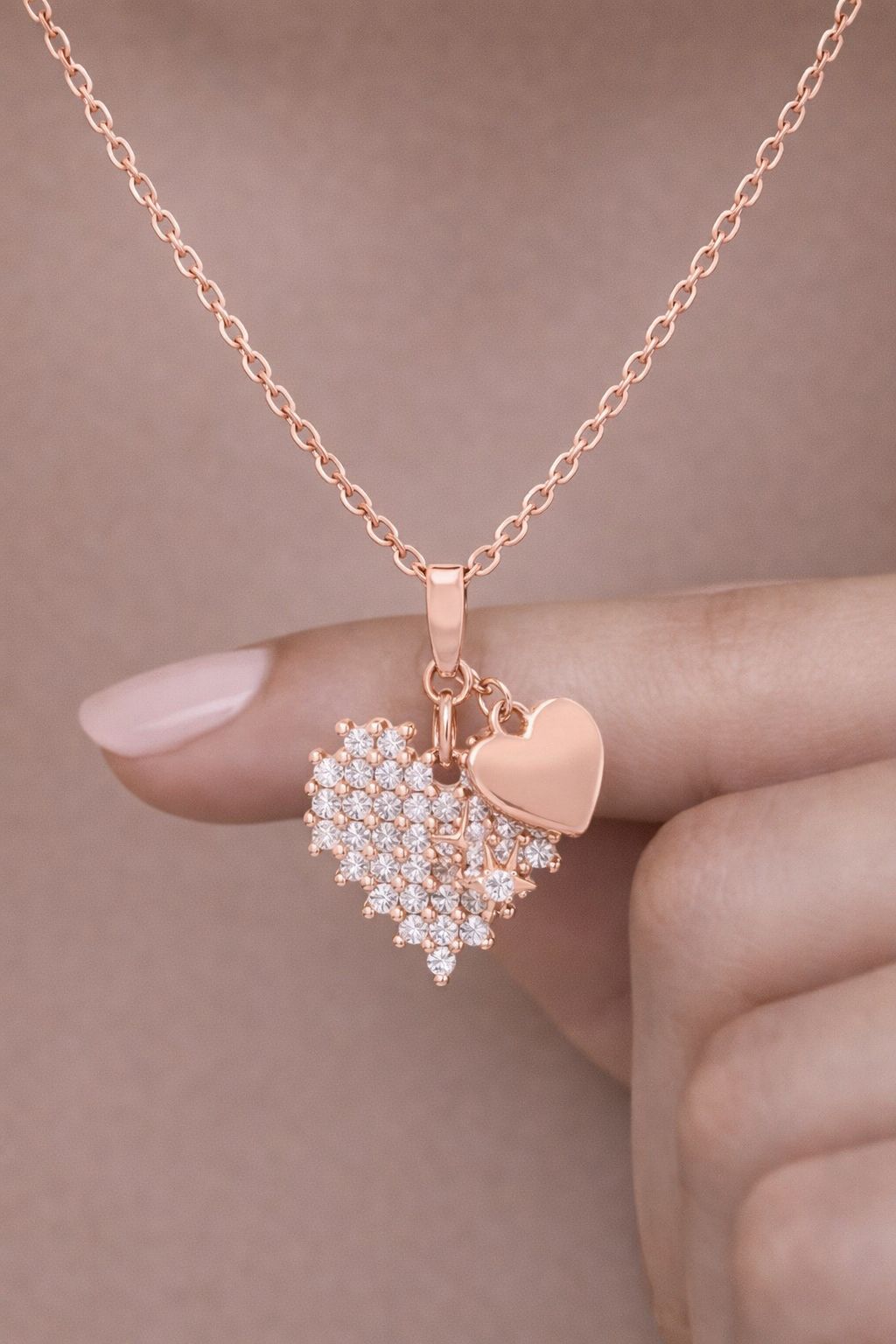 Rose Gold 3d Heart with Charms Pendant on Pure 925 Silver.