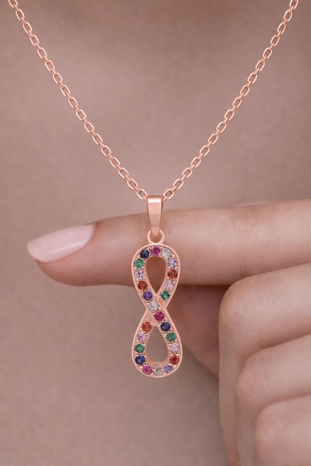 Rose Gold Multicoloured Infinity Eva Pendant with Chain on Pure 925 Silver.