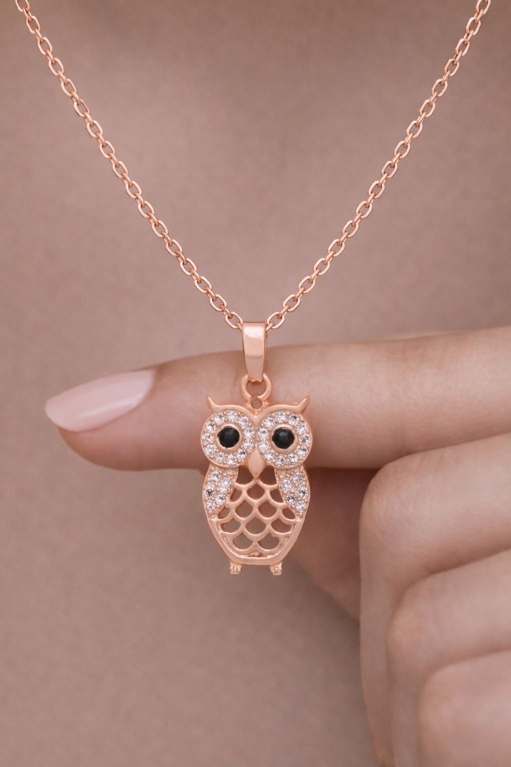 Rose Gold Finish Diamond Studded Owl Pendant with Chain on Pure 925 Silver.
