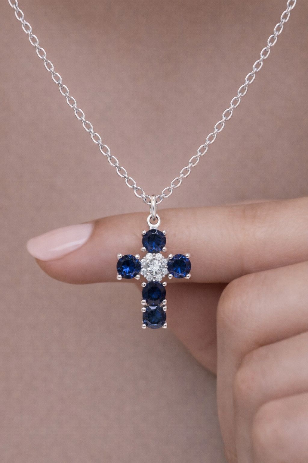 Blue Diamond Vella Cross Pendant with Chain on Pure 925 Silver